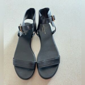 Cole Haan Black Leather Open-Toe Ankle Strap Sandals with Gold Buckles